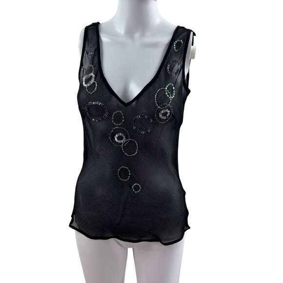 Y2K  Womens 8 Sheer Black Top Sequin Embellishment Tank By TU Artsy Fairy Goth - Picture 1 of 9